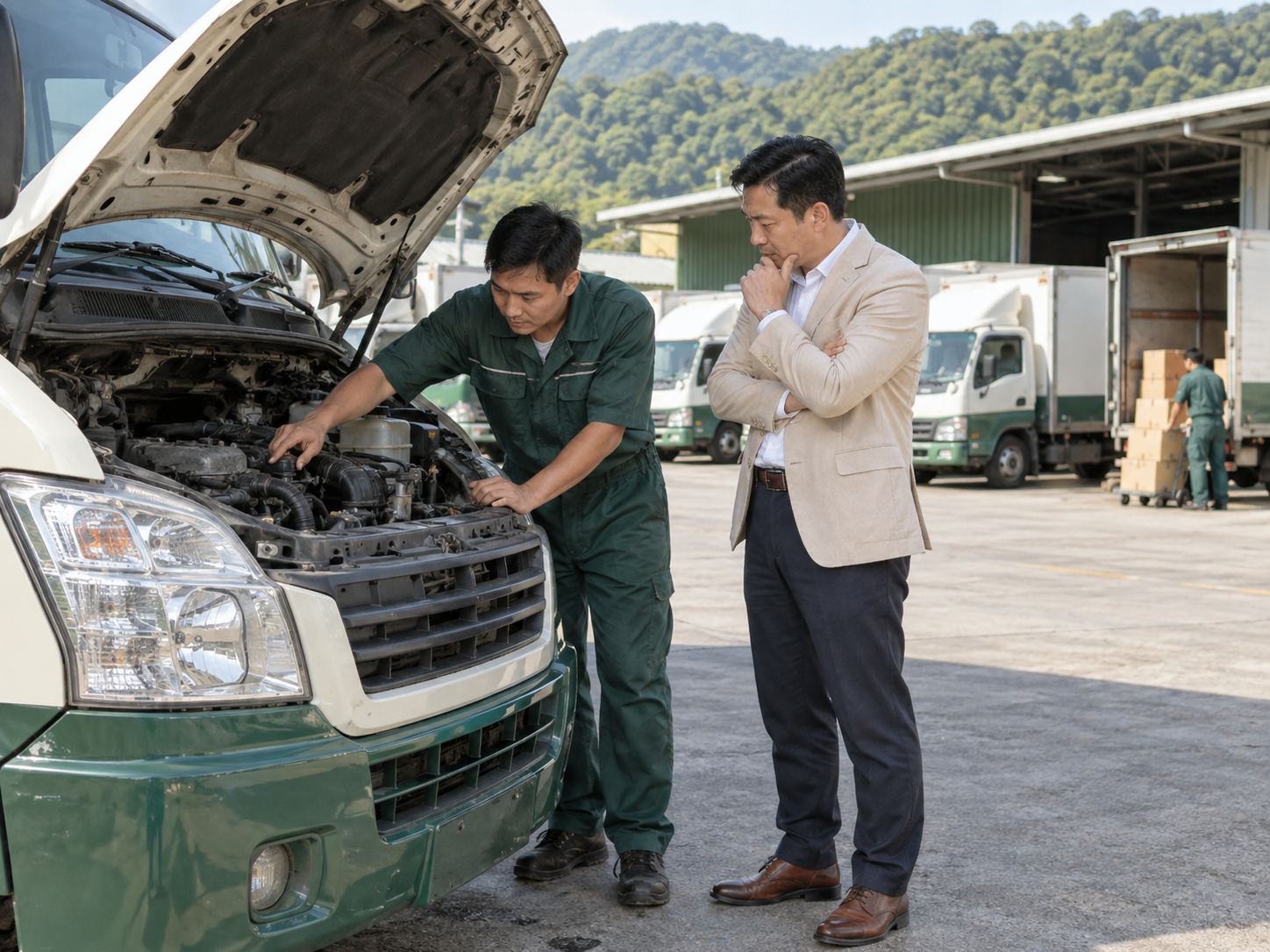 營業車維修時公司負責人和技師檢查車況