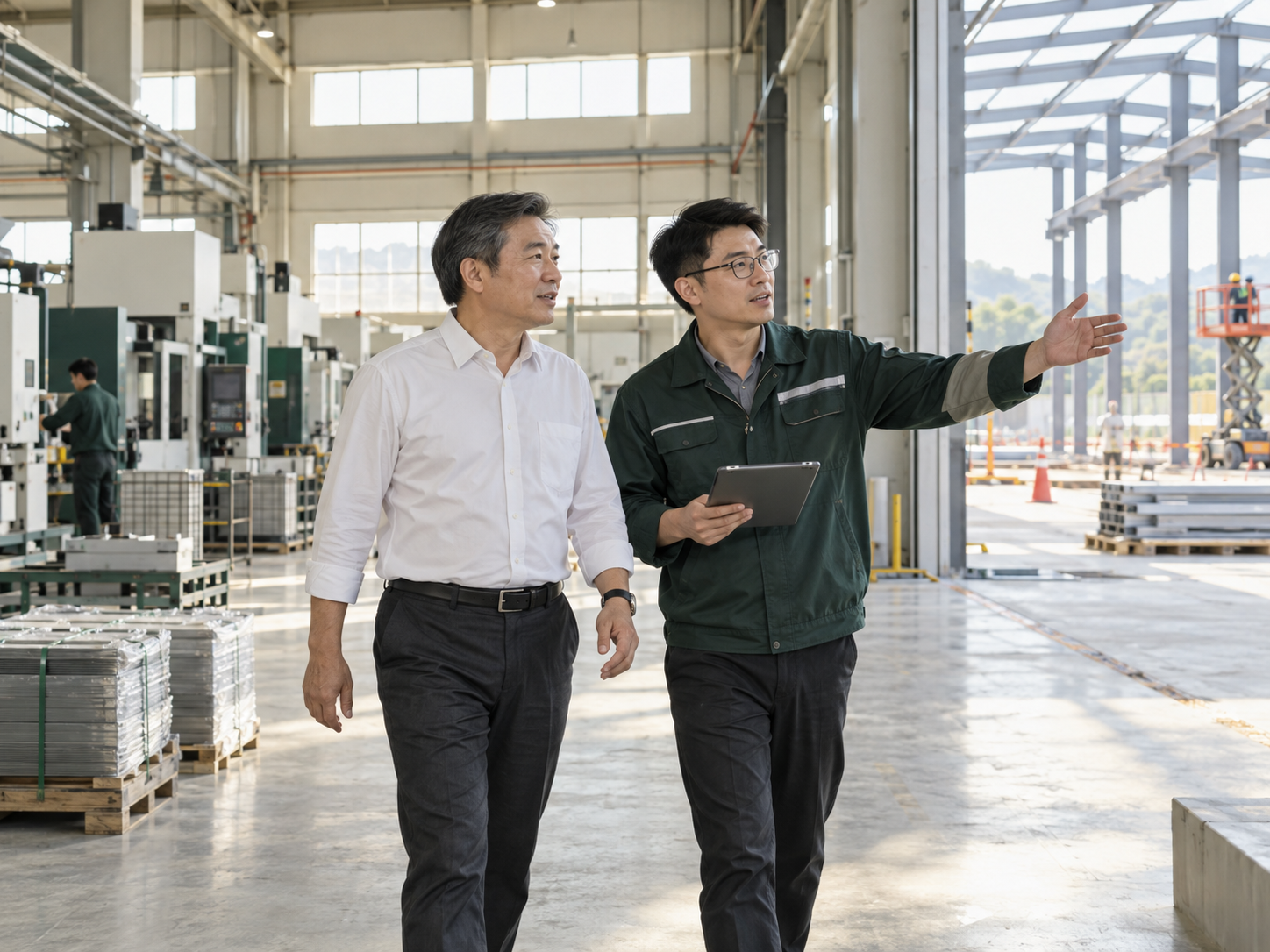 工廠負責人與工程師查看擴建的生產空間